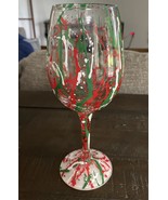 Hand-Painted Holiday Wine Glass, Lolita Holiday splash Christmas Splatte... - $23.64
