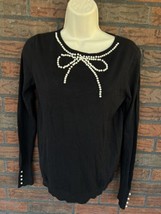 Elle Black Long Sleeve Sweater XS Pearl Bow Detail Pullover Cardigan Blouse Top - £5.71 GBP