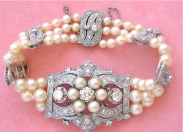 VINTAGE 4.75ctw DIAMOND 3 STRAND PEARL COCKTAIL STATEMENT BRACELET 1950 - £11,334.07 GBP