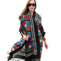 Anyyou 100% Pure Merino Wool Black Mosaic Stylish Poncho Winter Large Scarf - £67.74 GBP