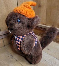 Vintage R. Dakin &amp; Co 1975 10&quot; Brown Beaver Stuffed Toy Plush Orange Hat Vest - $45.61