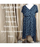 Lane Bryant Navy Blue Floral Print Belted Waterfall Hem Dress Size 16 - £22.98 GBP