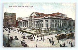 Postcard 1911 New York New Public Library Vintage Cars Trolley Horse &amp; Buggy - £6.18 GBP
