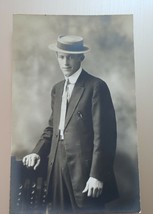 RPPC Postcard 1900’s Handsome Man in suit tie Stiff Collar &amp; Hat - £29.27 GBP