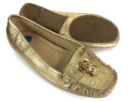 Micheal Kors Gold Leather Loafers Sz 6.5 Lock Detail Cushioned Metallic ... - $24.25