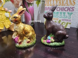 2 EASTER BUNNY RABBIT FAUX FOIL GOLD CHOCOLATE STATUE FIGURINE TABLETOP ... - £31.37 GBP