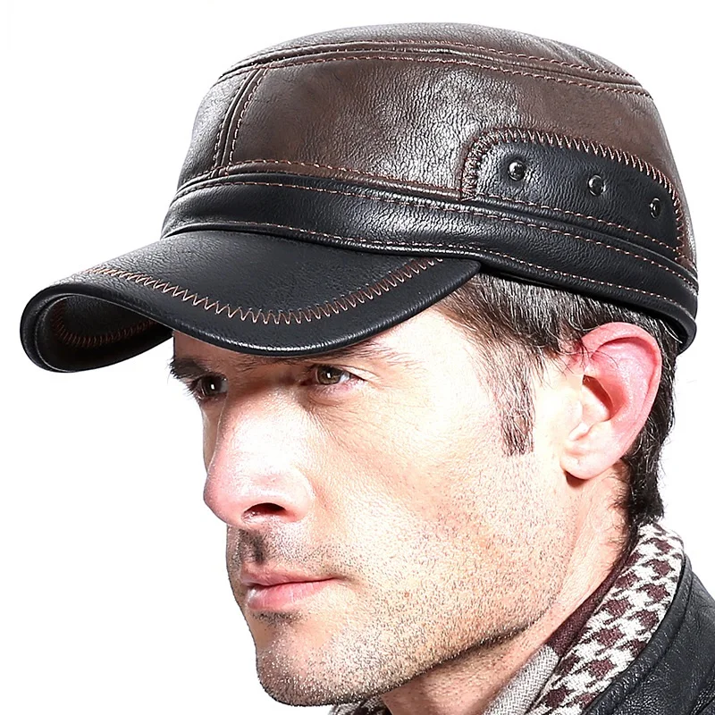 Men&#39;s Outdoor Leisure Cap Adult Genuine Leather Hat Male Winter Ear Protection - £23.81 GBP