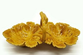 Holland Mold Yellow Leaf Nut Candy Dish w/ Handle Vintage Ceramic - $15.51