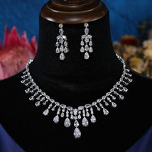 Silver Color Cubic Zirconia Bridal Party Wedding Necklace Earrings Jewel... - £72.33 GBP