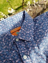 Egara Slim Fit Dress Shirt Mens 17 34/35 Pink Indigo Floral Cotton Stretch - $20.14