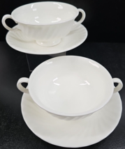 2 Minton White Fife Cream Soup Bowls Saucers Set Vintage Swirl England D... - $46.40
