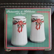 Poinsettias &amp; Ribbons Porcelain Holiday Salt &amp; Pepper Shakers Vintage Kmart Box - £8.24 GBP
