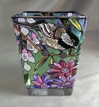 Hand Painted AMIA Glass Votive Candle Holder w/ Butterflies, Flowers, Chickadee - £15.58 GBP