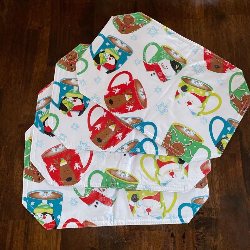 Christmas Mugs Placemats 12&quot; x 18&quot; Set of 4 Santa Claus Reindeer Snowman... - $1.73