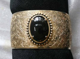 Fabulous Ancient Style Textured Gold-tone Black Glass Cuff Bracelet 1970... - $14.95