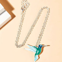 Teal Blue Hummingbird Pendant Necklace Silver - £10.40 GBP