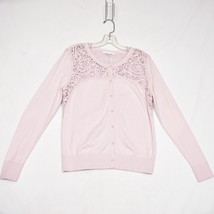 CAbi Sweater Women&#39;s Button Cardigan Lilac Lace Yoke Ribbed Knit Long Sleeve MED - £12.33 GBP