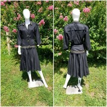 Vintage 1980s Annalisa  Ferro Linen Black Sailor secretary Style Midi Dr... - £29.38 GBP