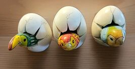 3 Hand painted  BIRD hatching from CRACKED EGG figurines Mexico - $17.82