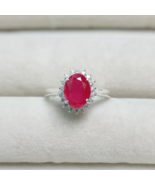 Lab Created Ruby Halo Ring, 925 Sterling Silver Ring, Red Ruby Gemstone ... - £34.69 GBP