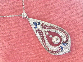 Estate Art Deco 1.8ctw Mine Diamond Sapphire Platinum Cocktail Pendant Necklace - £5,555.92 GBP