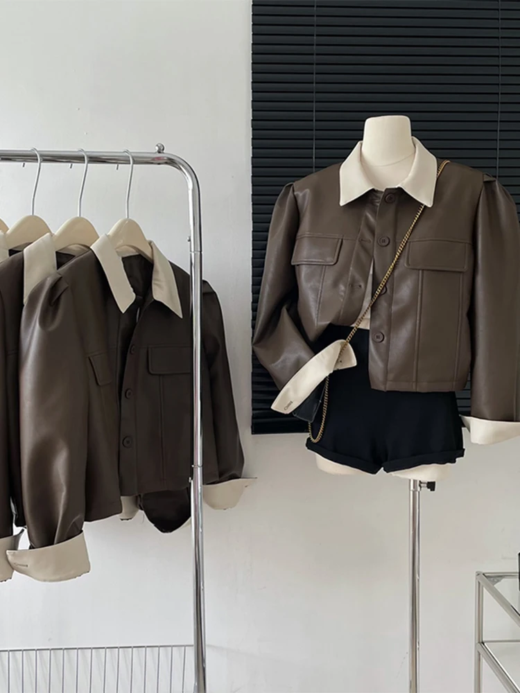 2022 Women Autumn Winter Vintage  Leather Jacket Single-breasted PU Coat Korean  - £158.90 GBP