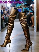 Champagne Fitted Thigh High Boots Solid Pointed Toe Sttiletto Heels Women Runway - £175.04 GBP