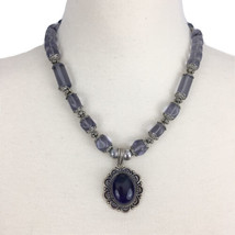 CHUNKY lavender purple glass bead necklace - silver-tone cabochon pendan... - $23.00