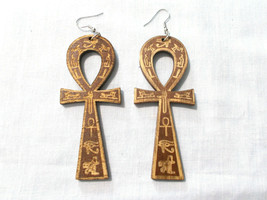 Egyptian Dark Brown Ankh With Laser Cut Symbols Wooden 4&quot; Dangle Pair Earrings - £5.60 GBP