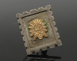 925 Silver &amp; 18K GOLD - Vintage Two Tone Face Mask Square Brooch Pin - BP5230 - £41.19 GBP