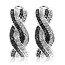 1CT Rond Noir &amp; Blanc Zircone Infini Boucles D&#39;Oreilles Créoles Plaqué or Blanc - £55.61 GBP