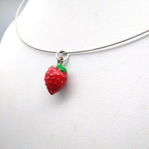 Fun Enamel Strawberry Pendant on Silver Tone Formed Collar Necklace, Vintage - £25.52 GBP