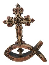 Christian Tuscany Scrollwork Cross On Jesus Fish Ichthys Base Faux Wood ... - $24.99