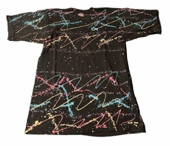 Vintage 80s Black T Shirt Single Stitch Neon Paint Splattered Graphic M Unisex - £11.21 GBP