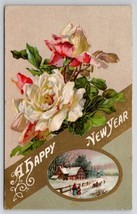 New Years Greetings Pretty Roses Winter Scene 1912 Evansville IN Postcard L22 - £3.16 GBP