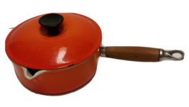 Vintage Le Creuset Sauce Pan &amp; Lid #18 Flame Orange Cast Iron Wooden Handle - £48.55 GBP