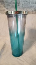 New Starbucks Ombre Gradient Blue Teal w/ Green Straw Plastic Tumbler Cu... - $22.67