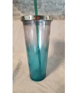 New Starbucks Ombre Gradient Blue Teal w/ Green Straw Plastic Tumbler Cu... - $22.67