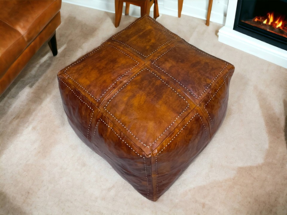 Transform Your Home with Our Elegant Tobacco Square Leather Pouf - $437.86