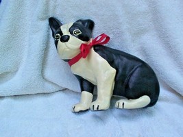 CAST IRON DOOR STOP OF ADORABLE BOSTON TERRIER WEARING RED SATIN RIBBON BOW - £27.73 GBP