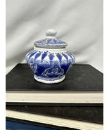 Vtg Tlalpujahua Michoacan Colin Mexican Pottery Blue White Lidded Jar Tr... - $15.90