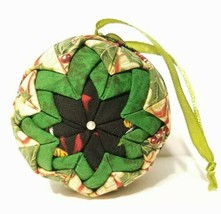 Hand Quilted Folded Fabric Star Christmas  Ball Ornament Green Red Black... - $15.79