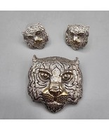 Tiger Big Cat Brooch Earrings Set Two Tone Signed Marie Jennifer Pierced... - $34.19 CAD