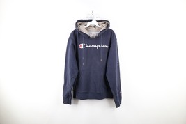Vintage Champion Mens Medium Thrashed Spell Out Hoodie Sweatshirt Navy Blue - $33.62