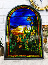 Louis Tiffany Daffodils Oyster Bay Stained Glass Art Panel Wall Or Desk Plaque - £70.88 GBP