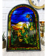 Louis Tiffany Daffodils Oyster Bay Stained Glass Art Panel Wall Or Desk ... - $124.52 CAD