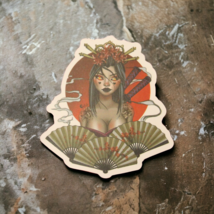 Japanese Geisha Woman Fans Smoke Flowers Swords Katana Sunrise Sunset Sticker - £2.36 GBP
