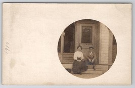 RPPC Edwardian Lady And Man On Porch Of Office Circle Masked Photo Postcard T24 - £7.15 GBP