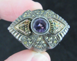 Anitique Victorian Ring Amethyst Marcasite Sterling &amp; Gold Over Sterling 8 10g - £99.08 GBP