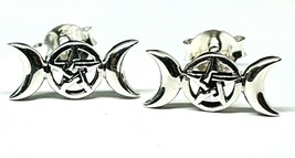 Triple Moon Pentacle 925 Silver Stud Earrings Sterling Silver Pagan Wiccan &amp; Box - £11.64 GBP